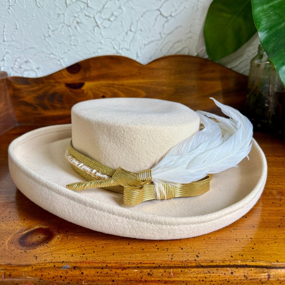 Vintage 1960s Wide Brim Hat Dolores M Chestnut Ivory Wool Felt Feather Gold Trim